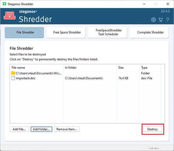 Steganos Shredderでのファイルとフォルダーの選択